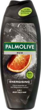 Palmolive Men Energising 3w1 żel pod prysznic w czarnej butelce, z wizerunkiem pomarańczy, widok z przodu.