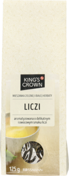 King's Crown Herbata biała liczi 125g w kremowym opakowaniu, z miseczką naparu i okręgiem suszu.