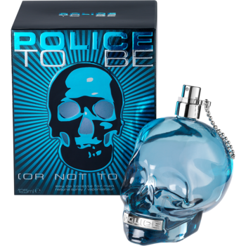 Męska woda toaletowa Police To Be w błękitnym flakonie czaszce i pasującym pudełku, widok z przodu.