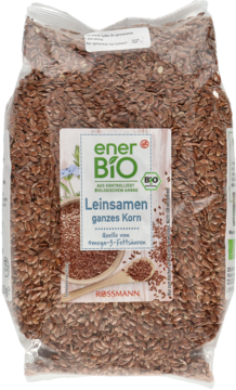 Przezroczysta torba ekologicznego siemienia lnianego enerBio, bogatego w omega-3. Widok z przodu.