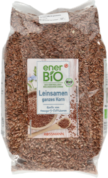 Przezroczysta torba ekologicznego siemienia lnianego enerBio, bogatego w omega-3. Widok z przodu.