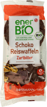 Front opakowania enerBiO Schoko Reiskwaffeln Zartbitter, ekologicznych wafli ryżowych z ciemną czekoladą. Bezglutenowe.