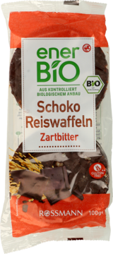Front opakowania enerBiO Schoko Reiskwaffeln Zartbitter, ekologicznych wafli ryżowych z ciemną czekoladą. Bezglutenowe.