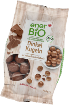 Biało-brązowe opakowanie EnerBiO Dinkel Kugeln 100g, orkiszowe kulki w mlecznej czekoladzie, widok z przodu.