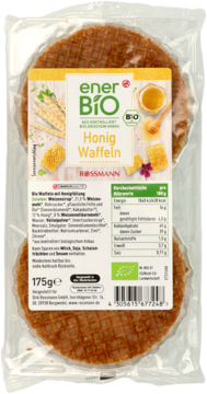 enerBiO Bio-wafle miodowe Rossmann, dwie okrągłe wafle w przezroczystym opakowaniu, widok z przodu.