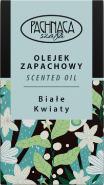 Opakowanie olejku zapachowego Białe Kwiaty. Ciemna góra z logo Pachnąca Szafa, dół z białymi kwiatami.