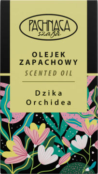 Pionowe opakowanie olejku zapachowego Dzika Orchidea, z żółtą górą i kwiatowym wzorem na czerni.