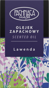 Pionowe fioletowe pudełko olejku zapachowego Lawenda z białym logo Pachnąca Szafa i wzorem lawendy na dole.