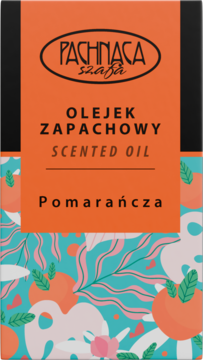 Pomarańczowy olejek zapachowy w czarno-pomarańczowym pudełku z turkusowym wzorem, widok z przodu.