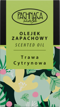 Olejek zapachowy Trawa Cytrynowa Pachnąca Szafa, zielone opakowanie z barwnymi liśćmi, widok z przodu.