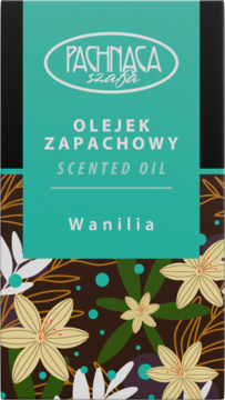 Front opakowania olejku zapachowego Wanilia Pachnąca Szafa, turkusowo-brązowe z białymi kwiatami.