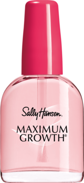 Sally Hansen Maximum Growth odżywka do paznokci w przezroczystej butelce z różową nakrętką, widok z przodu.