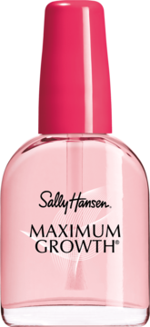 Sally Hansen Maximum Growth odżywka do paznokci w przezroczystej butelce z różową nakrętką, widok z przodu.