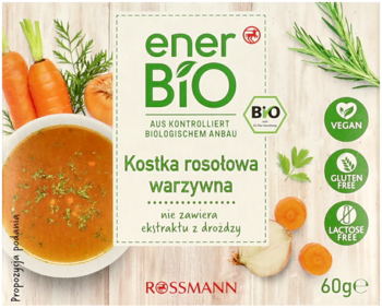 enerBio Warzywne kostki rosołowe BIO, wegańskie i bez drożdży. Opakowanie 60g z grafiką zupy i świeżych warzyw na drewnie.