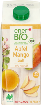 enerBio Apfel Mango Saft 0,75L, biały karton z zieloną nakrętką, z przodu grafika jabłek, mango i soku.