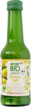 EnerBio sok cytrynowy w zielonej butelce 200ml, z żółtą etykietą "Zitronen Saft", widok z przodu.
