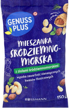 Niebieska torebka Genuss Plus Mieszanka Śródziemnomorska z orzechami i ziołami, 150g, Rossmann, z przodu.