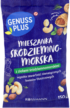 Niebieska torebka Genuss Plus Mieszanka Śródziemnomorska z orzechami i ziołami, 150g, Rossmann, z przodu.