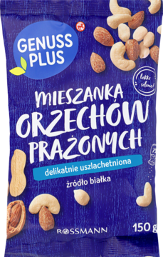 Niebieskie opakowanie Genuss Plus z praŴoną mieszanką orzech3w nerkowca, migdał3w i orzeszk3w ziemnych, 150g.