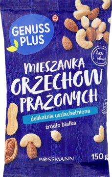 Niebieskie opakowanie Genuss Plus z praŴoną mieszanką orzech3w nerkowca, migdał3w i orzeszk3w ziemnych, 150g.