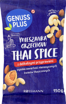 Niebieska torebka mieszanki orzechów Genuss Plus Thai Spice 150g, prażonych i przyprawionych, widok z przodu.