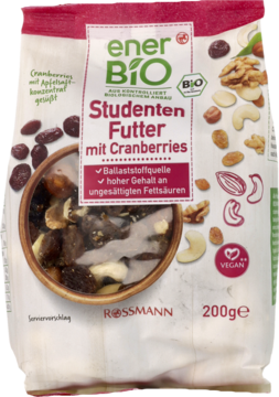 EnerBiO Studenten Futter mit Cranberries, biało-szara torebka z okienkiem, widok z przodu, 200g.