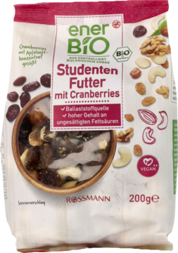 EnerBiO Studenten Futter mit Cranberries, biało-szara torebka z okienkiem, widok z przodu, 200g.