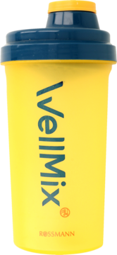 Żółty shaker Wellmix do napojów z granatową nakrętką, logo Rossmann i pojemnością 700ml, widok z przodu.