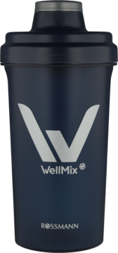 Granatowy shaker WellMix 700ml z szarym logo i napisem Rossmann, matowe wykończenie, widok z przodu.
