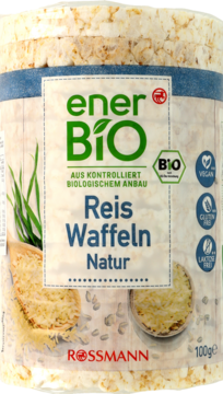 EnerBio wafle ryżowe Natur, białe, okrągłe, w przezroczystym opakowaniu, z zielonym logo BIO. Widok z przodu.