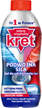 Biała butelka żelu do udrażniania rur Kret Podwójna Siła z czerwono-niebieskim wzorem i czerwoną nakrętką, widok z przodu.