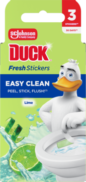 Zielone opakowanie Duck Fresh Stickers, 3 żelowe paski do toalet o zapachu limonki. Grafika kaczki, toalety i limonek, widok z przodu.