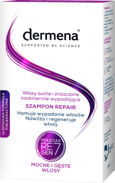 Biały kartonowy szampon Dermena REPAIR do włosów suchych i wypadających, z purpurowymi detalami, widok z przodu.