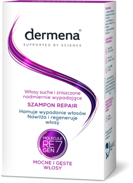 Białe pudełko szamponu Dermena Repair z fioletowym wzorem, Molecule Re Gen 7, na włosy suche i wypadające, widok pod kątem.