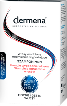 Dermena MEN szampon na wypadanie włosów w biało-czarnym opakowaniu, widok z przodu, z napisem RE GEN 7.