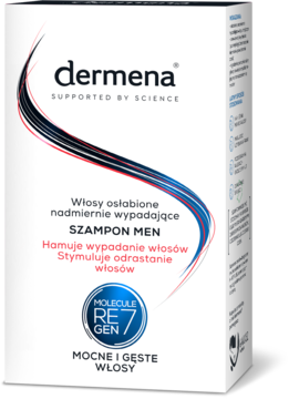 Białe opakowanie szamponu Dermena Men, hamującego wypadanie włosów, z czarnym i czerwonym logo, widok przodem.