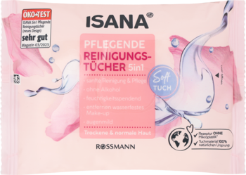 Isana pielęgnujące chusteczki oczyszczające 5in1, różowo-białe opakowanie, widok z przodu, z napisem ÖKO-TEST 'sehr gut'.