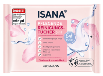 Różowe opakowanie chusteczek ISANA 5w1, pielęgnujących i oczyszczających skórę, z białym napisem i testem ÖKO.