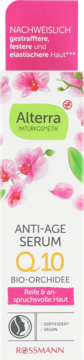 Alterra Anti-Age Serum Q10 Bio-Orchidee, białe pudełko z różowymi kwiatami, dla skóry dojrzałej i wymagającej.