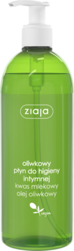 Ziaja Oliwkowy płyn do higieny intymnej z kwasem mlekowym, zielona butelka z białą pompką, ujęcie z przodu.