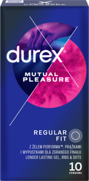 Granatowe opakowanie Durex Mutual Pleasure kondomy Regular Fit, z żelem i prążkami, widok z przodu.