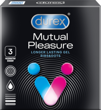 Czarne opakowanie Durex Mutual Pleasure 3 szt. z białym logo i opisami "LONGER LASTING GEL" oraz "RIBS & DOTS".