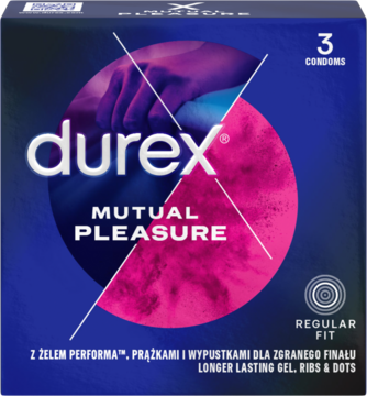 Pudełko prezerwatyw Durex Mutual Pleasure, 3 sztuki, Regular Fit. Widok z przodu, niebiesko-różowe, z żelem i prążkami.