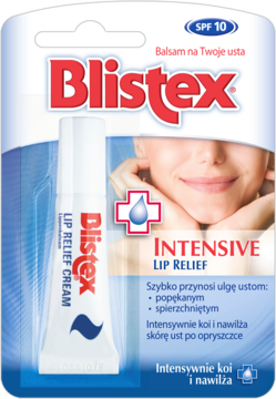 Blistex Intensive Lip Relief SPF 10, krem w tubce, na czerwonym kartonie z kobietą. Ulga dla spierzchniętych ust.