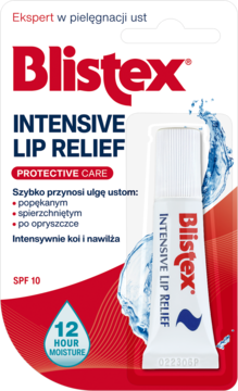 Blistex Intensive Lip Relief balsam SPF 10, w blistrze, zapewnia 12-godzinne nawilżenie ust. Biała tubka na tle fal wody.