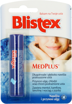 Blistex MedPlus balsam do ust w ciemnoniebieskim sztyfcie, w blistrze z wizerunkiem uśmiechniętej osoby, widok z przodu.