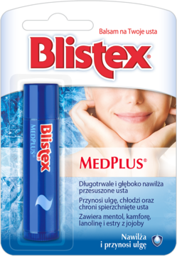 Blistex MedPlus nawilżający balsam do ust w niebieskim sztyfcie, w opakowaniu blister z wizerunkiem kobiety.
