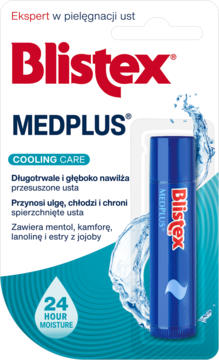 Blistex MedPlus Cooling Care, nawilżający balsam do ust w niebieskim opakowaniu typu blister, widok z przodu.