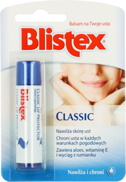 Blistex Classic Balsam do ust w przezroczystym opakowaniu blister, z niebieską zakrętką i białym sztyftem. Widok z przodu.