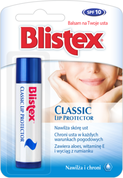 Blistex Classic Lip Protector SPF10, biało-niebieski balsam do ust w blistrze z kobietą, widok z przodu.
